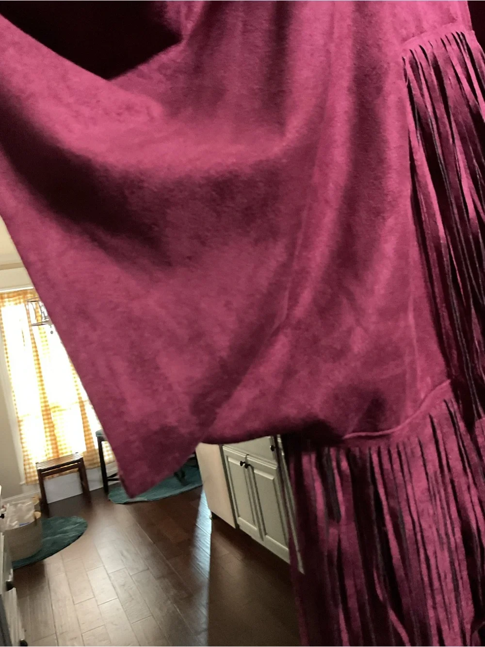 Berry Suede Fringe Jacket poncho with dolman sleeve